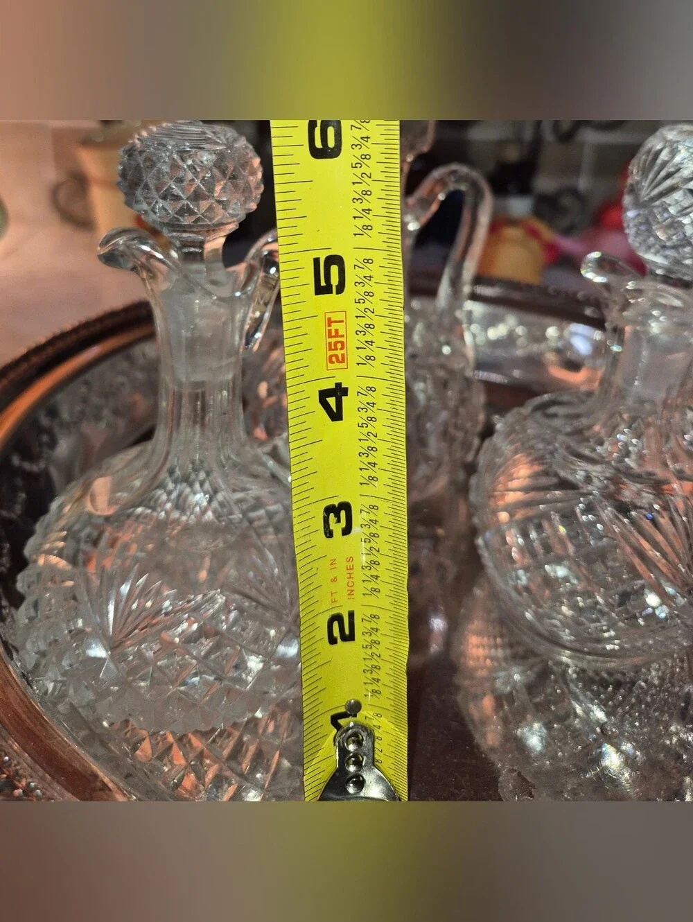 3 Vintage or Antique cut-glass cruets with matching stoppers and handles
